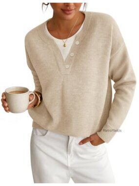 Women's Oversized Henley Neck Sweater Faux Layered Pullover